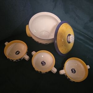 Village Pottery Soup Toreen And 3 Soup Bowls In Splash Pattern Hand Painted